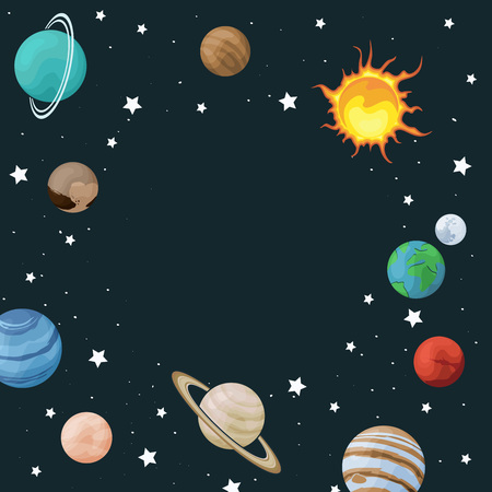 Vector clip art set of solar system. Circle frame with planet on space background. Universe texture for greeting cards and invitationのイラスト素材