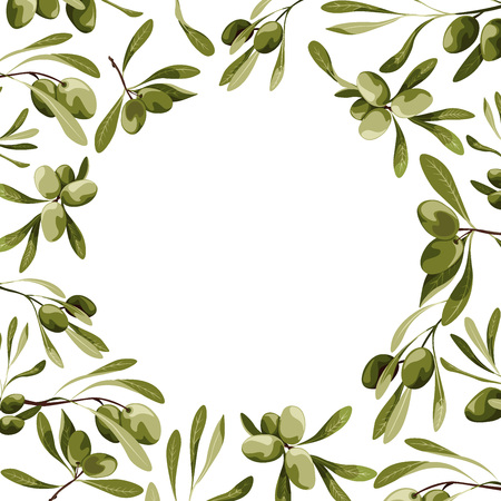 Vector circle frame with olive tree decoration. Vegan food illustrationsのイラスト素材