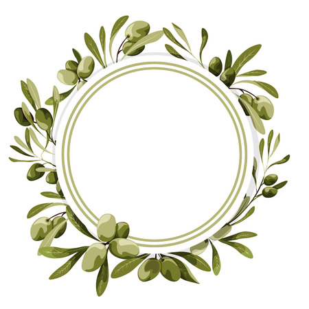 Vector circle label with olive tree decoration. Vegan food illustrationsのイラスト素材
