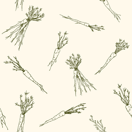 Vector seamless pattern with carrots and vegetables yellow background with foodsのイラスト素材