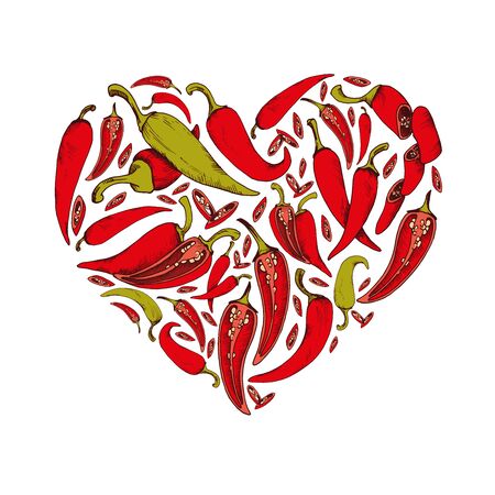 Vector background with chili pepper illustration Hand drawn heart shape food imageのイラスト素材