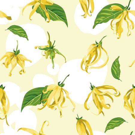 Vector seamless pattern with ylang ylang on a yellow background with white brush strokes. Floral Texture with wild tropical flowerのイラスト素材