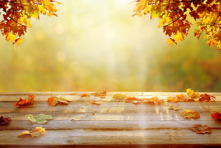 Sunlight in autumn forest. Beautiful landscape with yellow trees and sun. Colorful foliage on wooden...