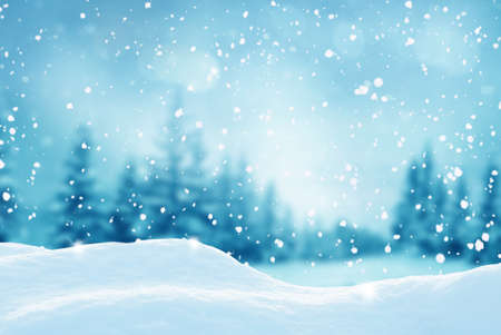 Christmas landscape.Snow background.Winter fairytale.Merry christmas and happy new year greeting card with copy-space.の写真素材