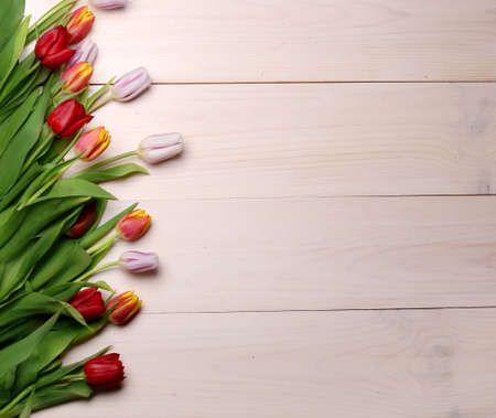 Spring flowers composition on the wooden background.Top view colorful tulips on a wooden surface. Copy space.の写真素材