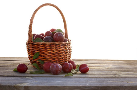 Fresh ripe plum in wicker basket on wooden table. Isolated on white background.Summer harvest.の写真素材