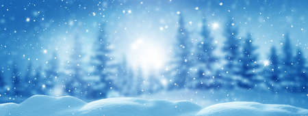Winter background. Merry Christmas and happy New Year greeting card with copy-space. Christmas landscape with snow and fir treesの写真素材