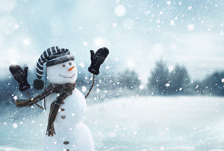 Cute smiling snowman with striped hat and scarf. Winter fairytale Snowfall in the magic...
