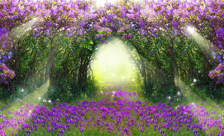 Fantasy background. Magic forest with road.Beautiful spring landscape.Lilac trees in blossom. sun rays through tree leaves.の写真素材