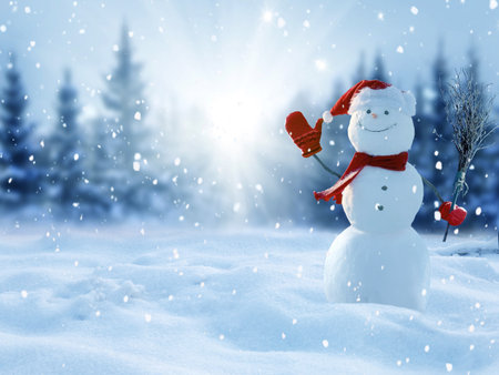 Cute smiling snowman with red scarf and hat with a broom in his hand.Winter fairytale.Merry christmas and happy new year greeting card with copy-spaceの写真素材