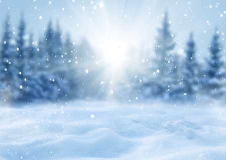 Winter Christmas background with fir trees Merry christmas and happy new year greeting card with copy-space.Christmas background.Winter landscape with snowの写真素材