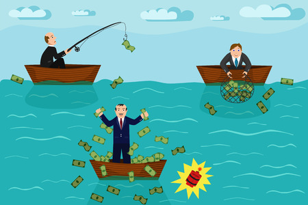 Businessmen on boats catching money on fishing. Competition concept vector infographicsのイラスト素材