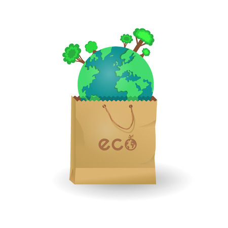 Planet Earth with trees in paper bag. Color vector illustration. Ecological recycling conceptのイラスト素材