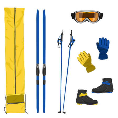 Set of ski equipment icons. Color flat vector illustrationのイラスト素材