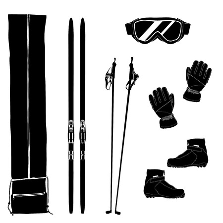 Silhouettes of ski equipment icons. Black and white vector illustrationのイラスト素材