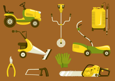 Set of garden equipment for grass mowing. Color vector icons illustration. Lawn mower and other agricultural and farm machineryのイラスト素材