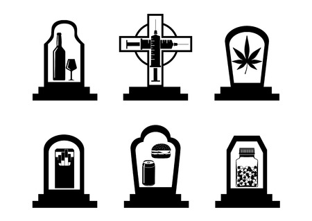 Silhouettes set of bad habits and addiction icons in tombstones isolated on white background. Black and white vector illustrationの写真素材