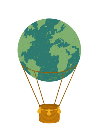 Earth as hot air balloon isolated on white background. Color flat vector illustrationのイラスト素材