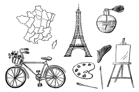 Part 1. French design elements drawn with charcoal pencil. Set of detailed icons with map, bicycle, paint etc. Black and white doodle vector illustration isolated on white backgroundのイラスト素材