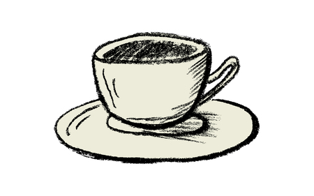 Hand drawn cup of tea or coffee isolated on white background. Charcoal drawing in vintage retro style. Black and white illustrationの写真素材