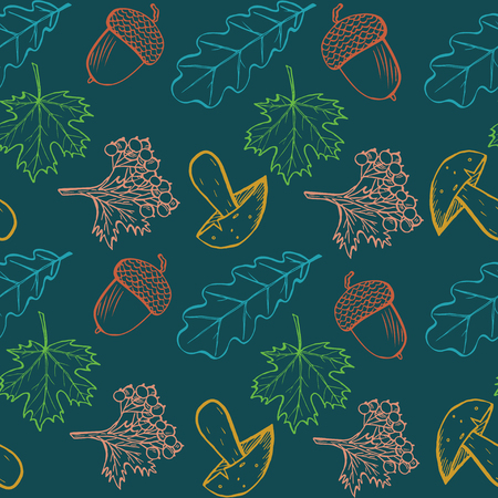 Seamless pattern with hand drawn leaves, acorn, mushroom and berries. Sketched autumn design elements of leaf fall and harvest. Color illustration on blue backgroundの写真素材