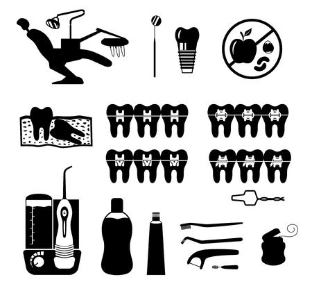 Set of braces icons isolated on white background. Black and white vector illustration of traditional metal brackets, self-ligating, ceramic etc.のイラスト素材