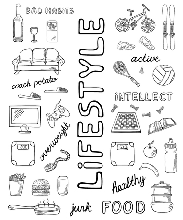 Set of sport and unhealthy lifestyle hand-drawn icons isolated on white background. Doodle equipment for fitness and bad habits.. Black and white sketched vector illustrationのイラスト素材