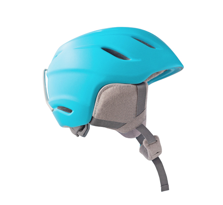 Side view of ski or snowboard helmet with ear pads isolated on white background. Winter sport equipment for head protectionの写真素材