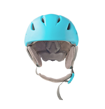Front view of blue helmet with ear pads isolated on white background. Protective sport equipment for ski and snowboardingの写真素材