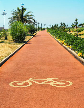 Red cycle lane or path with bicycle sign at sunny summer dayの写真素材