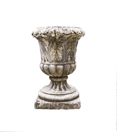 Antique stone vase for flowers isolated on white background. Decorative design element for gardensの写真素材