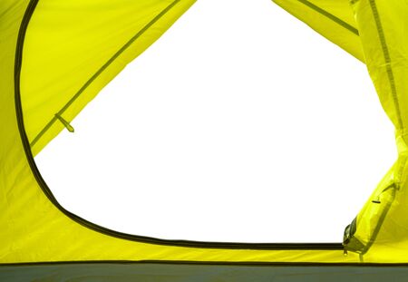 View from inside of yellow camping tent isolated on white background. Travel design elementの写真素材