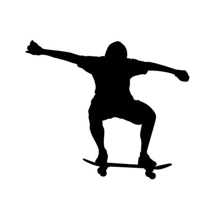 Silhouette of skater jumping ollie trick on skateboard and isolated. Black and white vector illustrationのイラスト素材
