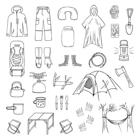 Set of doodle camping and trekking icons isolated on white background. Drawing of hiking equipment, accessories, clothes, etc. Black and white vector illustrationのイラスト素材