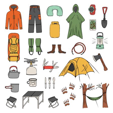 Set of doodle camping icons isolated on white background. Drawing of trekking equipment, accessories, tools, etc. Color vector illustrationのイラスト素材