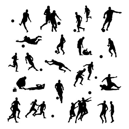 Silhouettes of football players, goalkeeper kicking ball and running . Black and white vector illustration of soccer iconsのイラスト素材