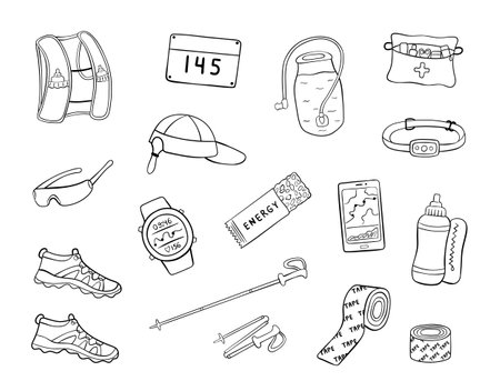 Set of hand drawn trail running equipment and accessories. Doodle vector illustration of shoes, hydration pack, trekking poles, etc.のイラスト素材