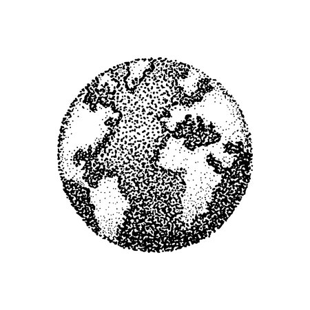 Ink stippling drawing of planet Earth. Vector illustration of dots in pointillism styleのイラスト素材