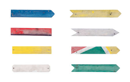 Empty wooden boards and arrow planks isolated on whiteの写真素材