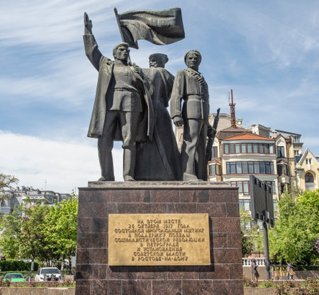 Rostov-on-Don, Russia - May 8, 2021: Monument of the Great October Revolution in Gorky Central Park of Culture and Leisureのeditorial素材