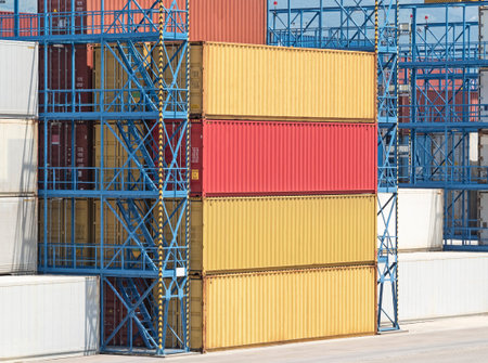 Group of cargo containers for transshipment between ships or trucksの写真素材