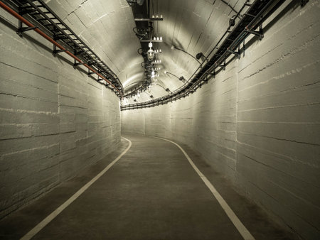 Underground pedestrian tunnel with light. Bunker entranceの写真素材