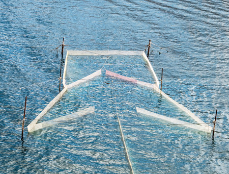 Top aerial view of fishing net in sea waterの写真素材