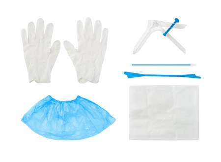 Flatlay of gynecology set with vaginal speculum, spatula, cytobrush and other instruments for medical screeningの写真素材