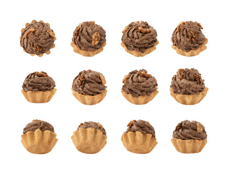 Top, side and back views of chocolate cupcake with nuts isolated on white backgroundの写真素材
