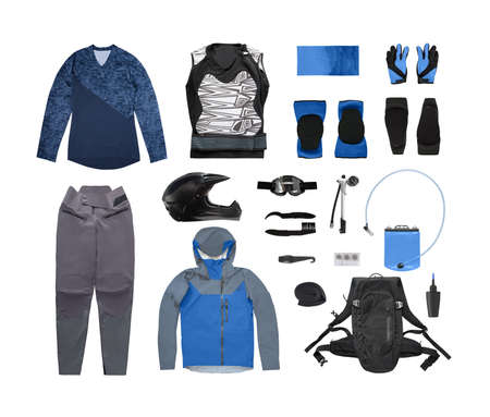 Set of downhill mountain bike clothes and accessories isolated on white backgroundの写真素材