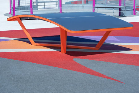 Curved tables for teqball on sport groundの写真素材