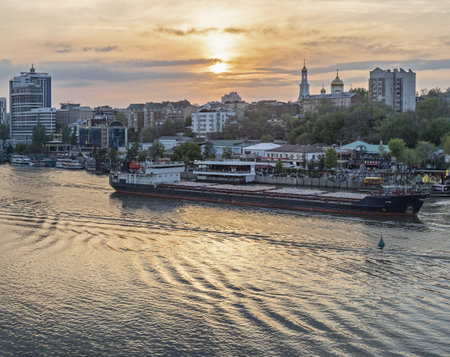 Rostov-on-Don, Russia - May 8, 2021: Panoramic view of Rostov-on-Don city with golden sunset skyのeditorial素材