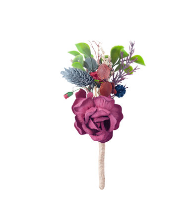 Boutonniere with artificial red rose and dried plants isolated on white backgroundの写真素材