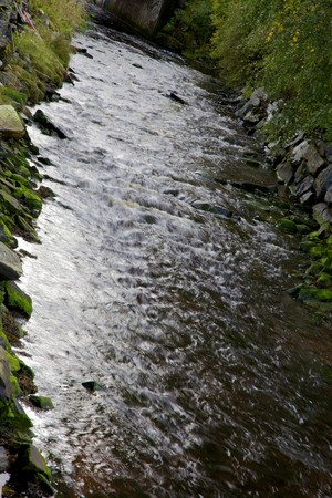 Small stream with emerald green rocks covered in mossの写真素材